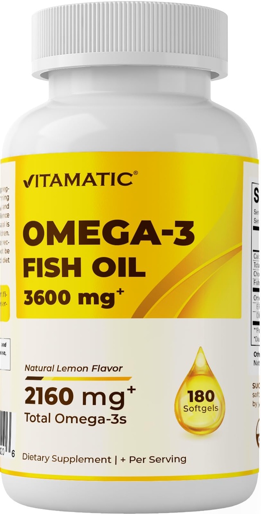 Vitamatic Triple Strength Omega 3 Fish Oil 3600mg Per Servis, 2160 mg Omega 3 Fatty Acids, 1296 mg EPA + 864 mg DHA, Burpless Lemon Flavor, 180 Softgels