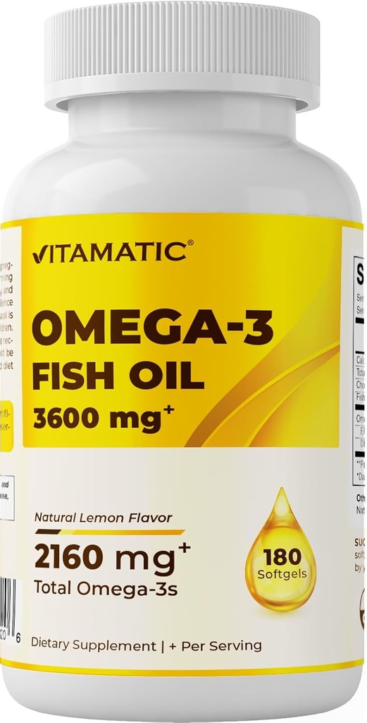 Vitamatic Triple Strength Omega 3 Fish Oil 3600mg Per Servis, 2160 mg Omega 3 Fatty Acids, 1296 mg EPA + 864 mg DHA, Burpless Lemon Flavor, 180 Softgels