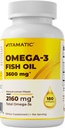Vitamatic Triple Strength Omega 3 Fish Oil 3600mg Per Servis, 2160 mg Omega 3 Fatty Acids, 1296 mg EPA + 864 mg DHA, Burpless Lemon Flavor, 180 Softgels