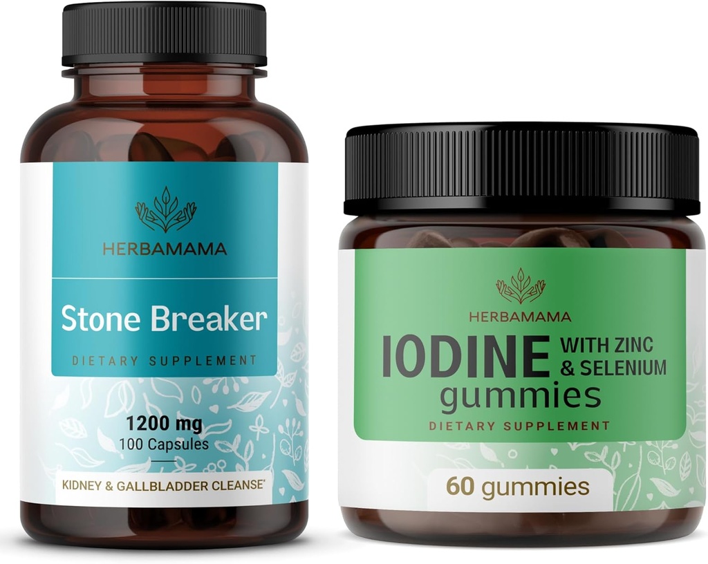 HERBAMAMA Stone Breaker ve Iodine Kit - 1200 mg Stone Breaker Capsules & Pyumine Gummies - Vegan, Non-GMO, Gelatin-Free - 2 Pack