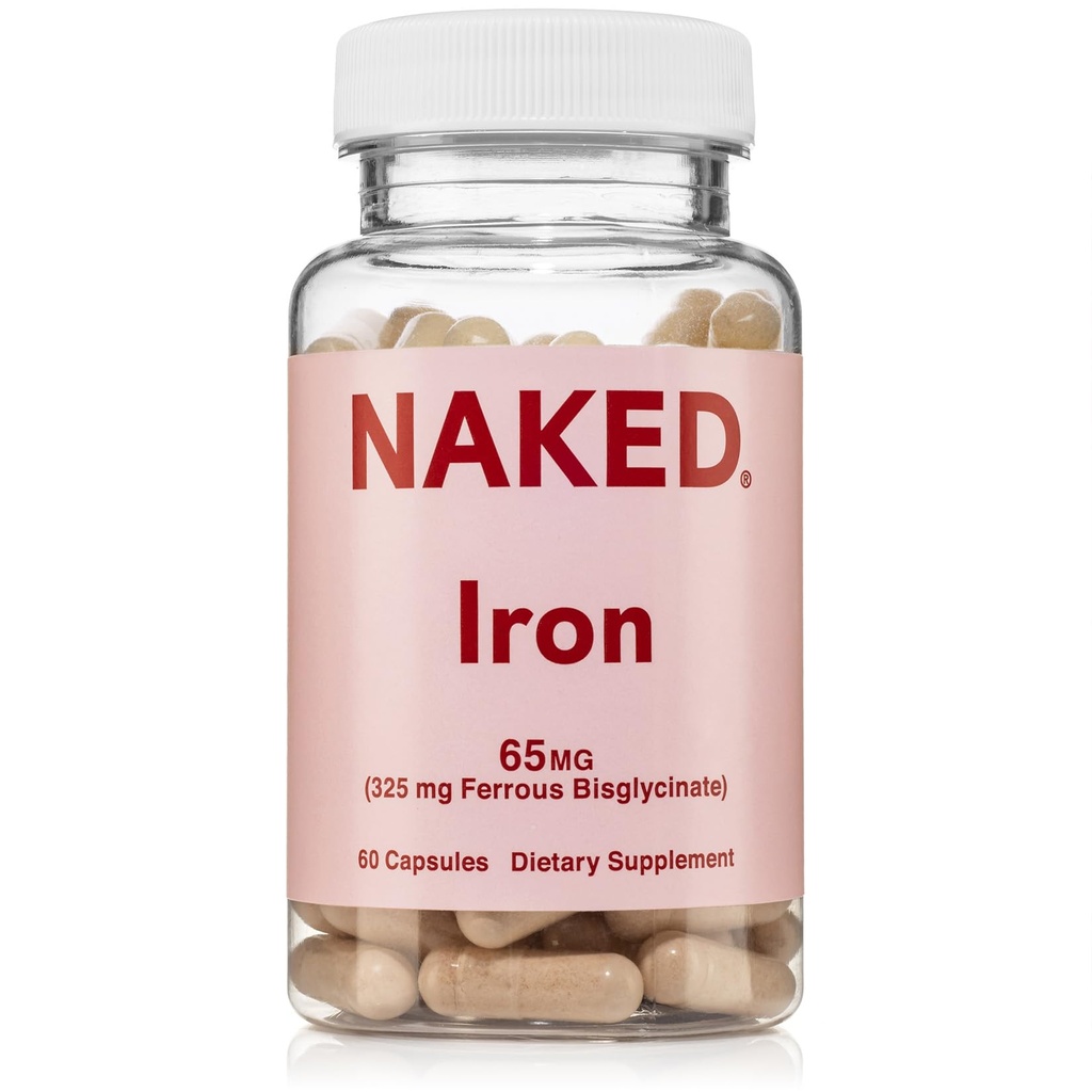 Çıplak Demir 65 mg, 325 mg Ferrous Bisglycinate - Yüksek Potency Iron Deficiency, Hücre Enerji Desteği, Sağlıklı Kızıl Kan Hücre Üretimi, Gluten-Free, 60 Capsules