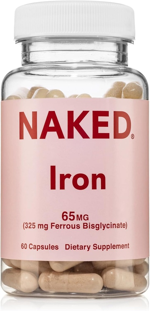 Çıplak Demir 65 mg, 325 mg Ferrous Bisglycinate - Yüksek Potency Iron Deficiency, Hücre Enerji Desteği, Sağlıklı Kızıl Kan Hücre Üretimi, Gluten-Free, 60 Capsules