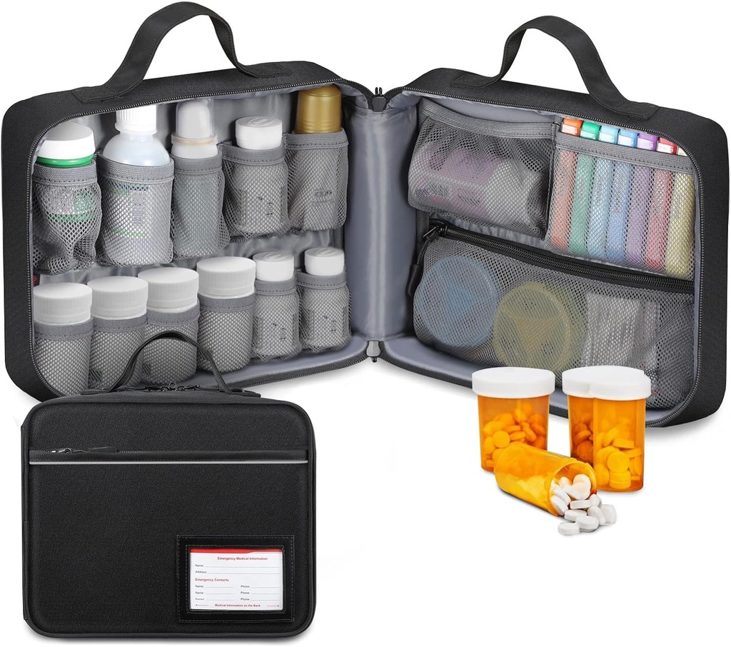 SITHON Pill Μπουκάλι Organizer Ιατρική Τσάντα Αποθήκευσης Φάρμακα Ταξίδια Μεταφέροντας τον υπεύθυνο περίπτωση με λαβή, Σταθερές τσέπες για φάρμακα, βιταμίνες, Ιατρικές προμήθειες, μαύρο