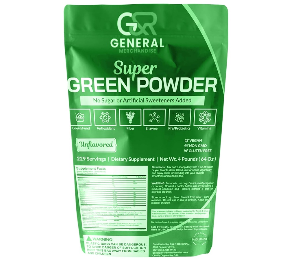 Super Greens Toz Superfood Organik, 229 Digestive Enzymes, Probiyotikler ve Vitaminler Sebzeler (Wairgras, Spirulina & more), Meyveler, 4 Pound (64oz).