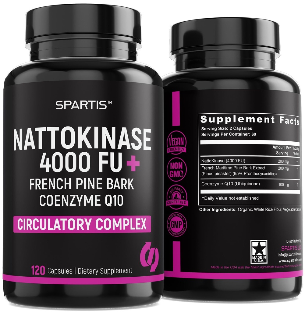 Nattokinase Supplement 4000 FU CoQ10 100mg Fransız Deniz Standardı Bark Circulatory & Cardiovascular Desteği için Enzymes ile 200 mg Ekstraksiyonu (120-Caps)