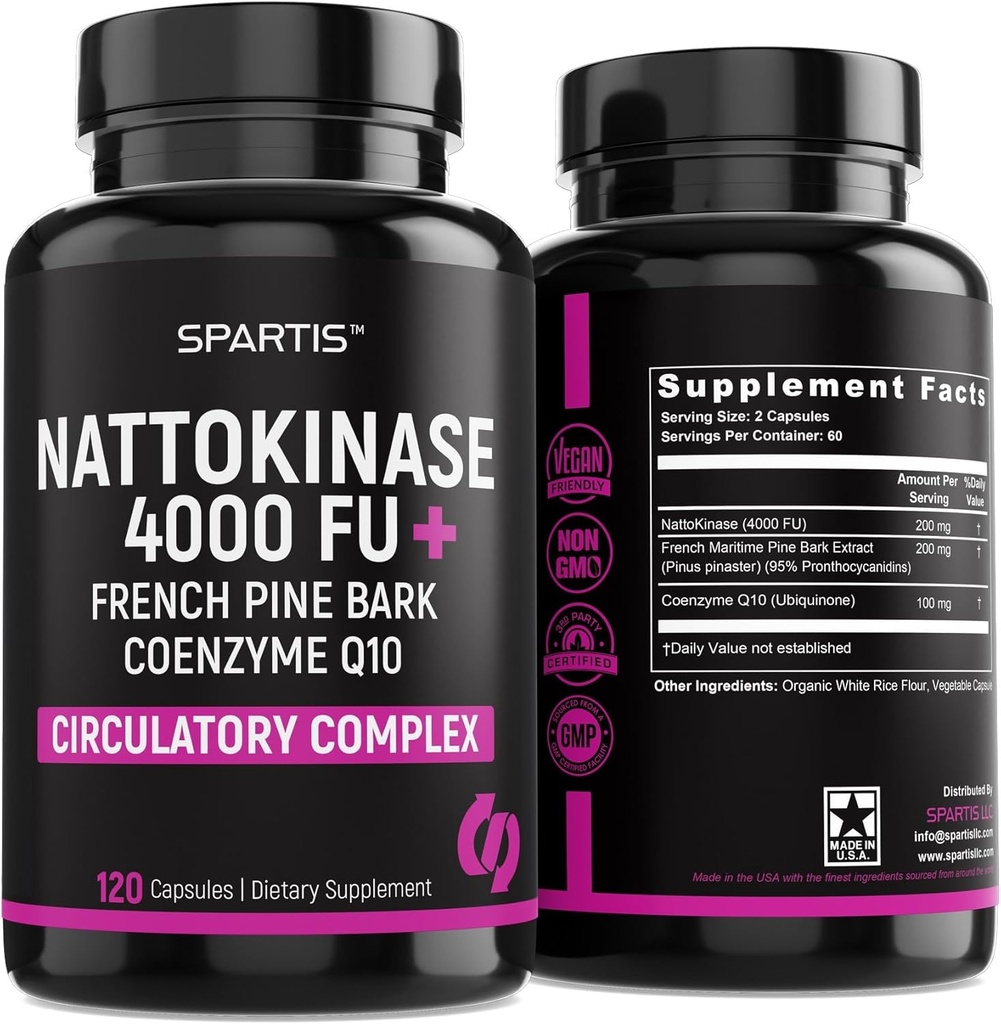 Nattokinase Supplement 4000 FU CoQ10 100mg Fransız Deniz Standardı Bark Circulatory & Cardiovascular Desteği için Enzymes ile 200 mg Ekstraksiyonu (120-Caps)