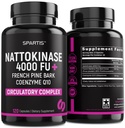 Nattokinase Supplement 4000 FU CoQ10 100mg Fransız Deniz Standardı Bark Circulatory & Cardiovascular Desteği için Enzymes ile 200 mg Ekstraksiyonu (120-Caps)