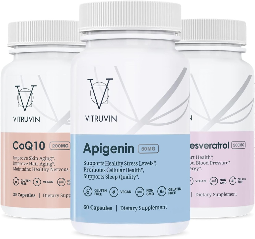 Vitruvin Sport Recovery (Apigenin 2 x 50 mg, COQ10 200 mg, Resveratrol 500 mg) Vegan, Non-GMO, Gluten-Free, Gelatin-Free.