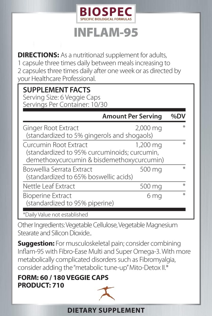 Inflam-95 - Ginger Root Extract 2.000 mg, Curcumin Root Extract, Boswellia Serrata Extract, Nettle Leaf, Bioperine - Sağlıklı Inflammatory Cevap *