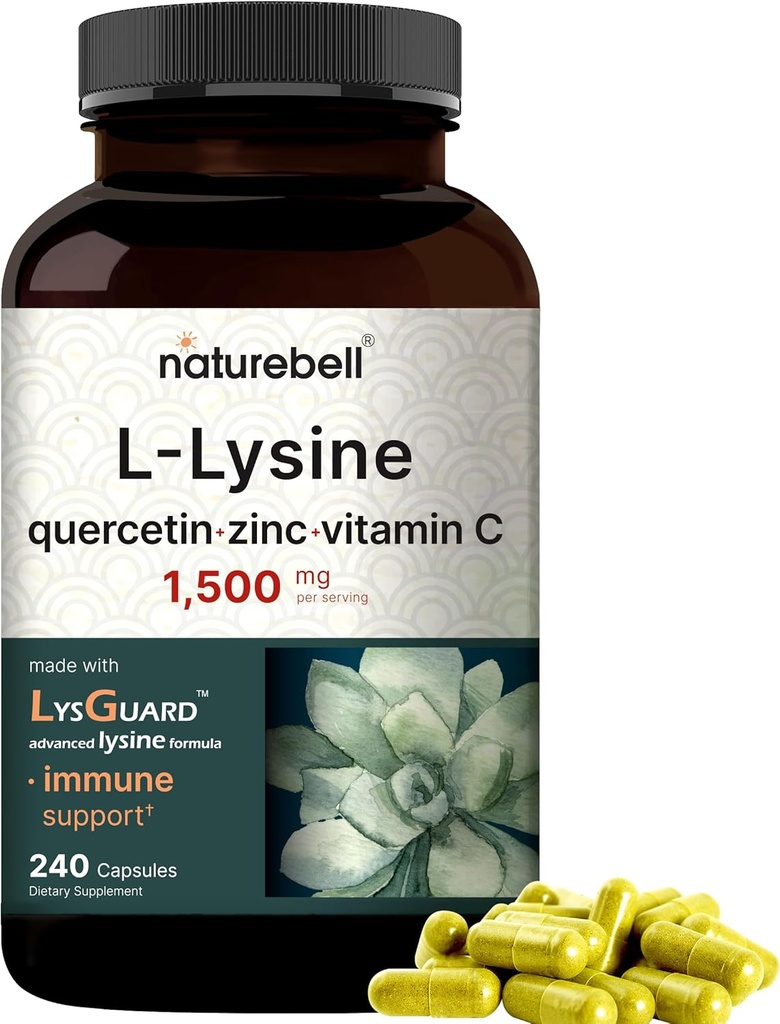 NatureBell L-Lysine 1000 mg Capsules + Quercetin 250 mg C ve çinko ile 250 mg, 240 Kont | Free Form Amino Asits, L Lysine Complex | Immune Support, Lip & Skin Health Supplement
