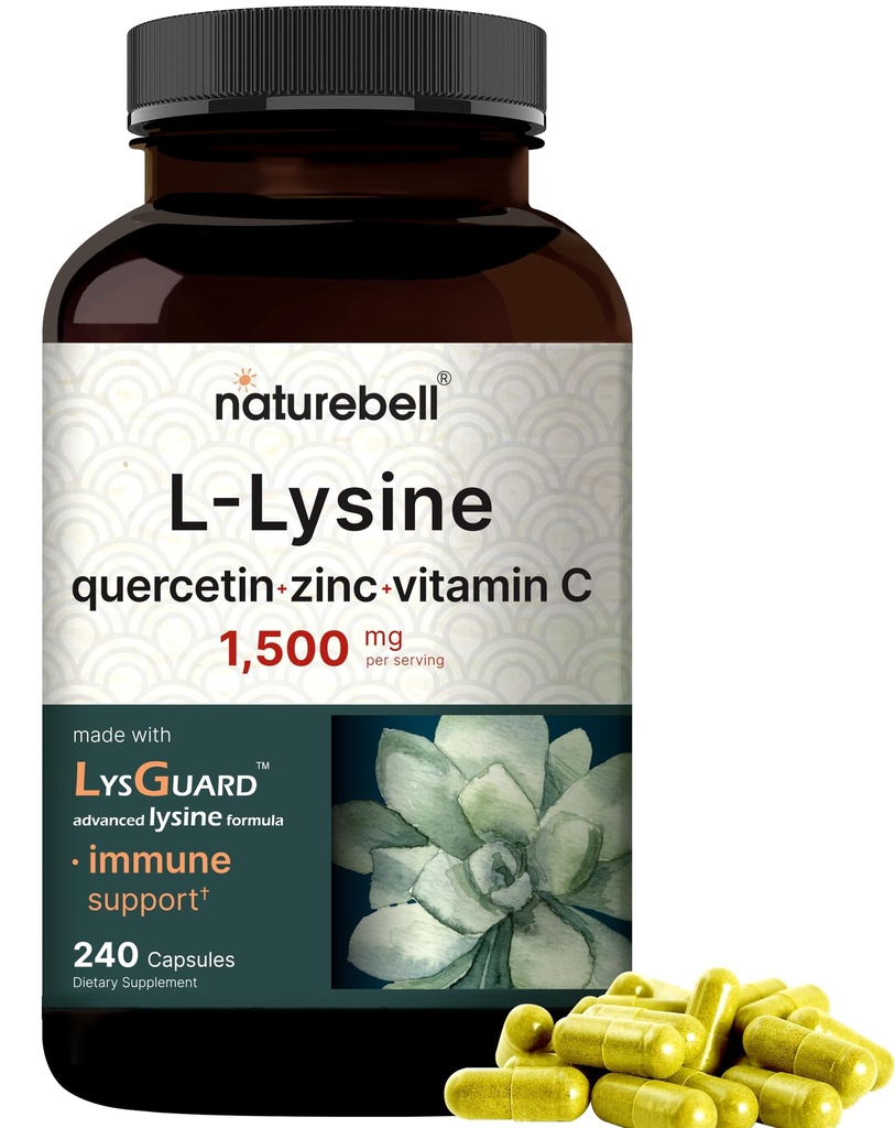 NatureBell L-Lysine 1000 mg Capsules + Quercetin 250 mg C ve çinko ile 250 mg, 240 Kont | Free Form Amino Asits, L Lysine Complex | Immune Support, Lip & Skin Health Supplement