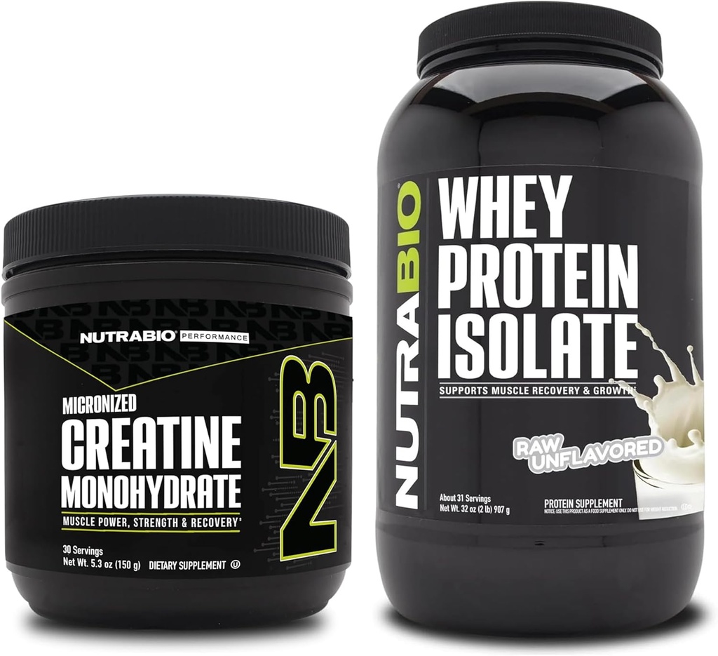 NutraBio Kretine Monohidrat, Unflavored, 150g ve Whey Protein Isolate, Unflavored, Supplement Sche - Muscle Energy, Lean Muscle growth, Recovery, and Strength