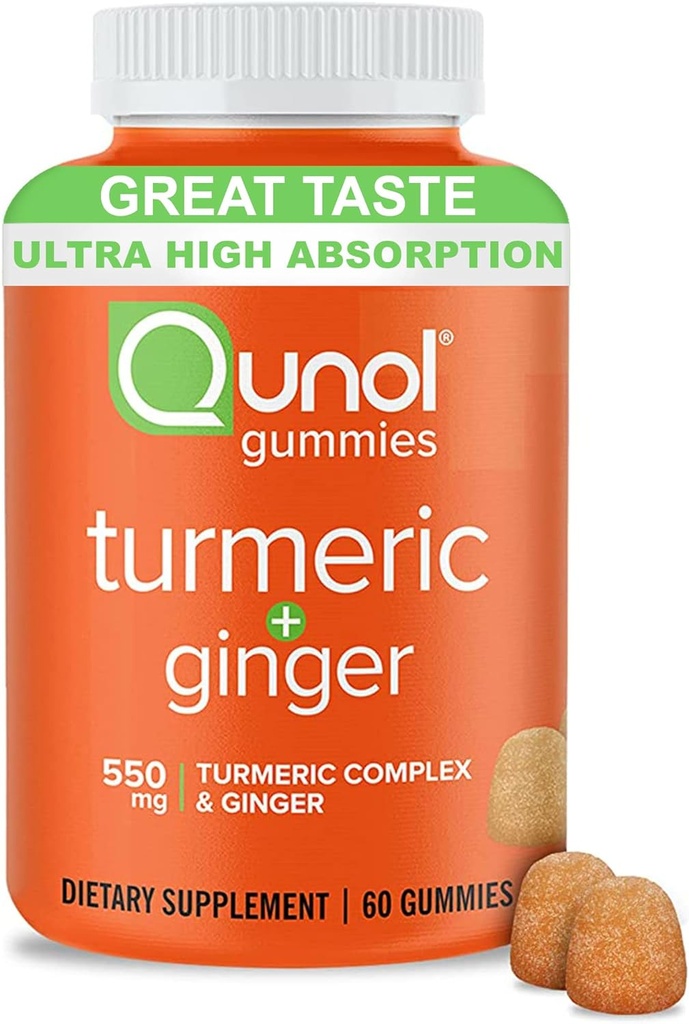 Qunol Turmeric ve Ginger Gummies, 500 mg Turmeric + 50 mg Ginger, Ortak Destek Tamam, Ultra High Abxia Tumeric ve Ginger, Vegan, Gluten Free, 1 Ay Supply 60ct Gummies