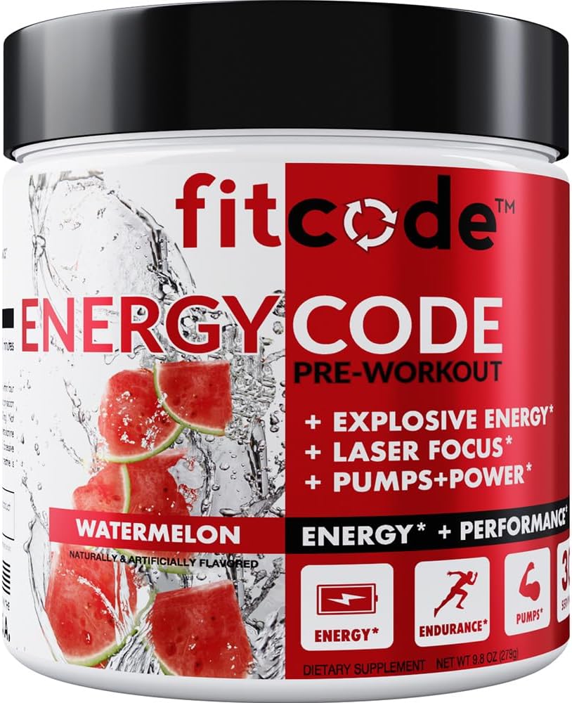 fitcode EnergyCode - Προ προπόνηση με σκόνη Creatine - Ενέργεια & Απόδοση Ποτό - Μύες & Συμπλήρωμα αντοχής - Περιέχει καφεΐνη - 30 Σερβιέτες - Καρπούζι