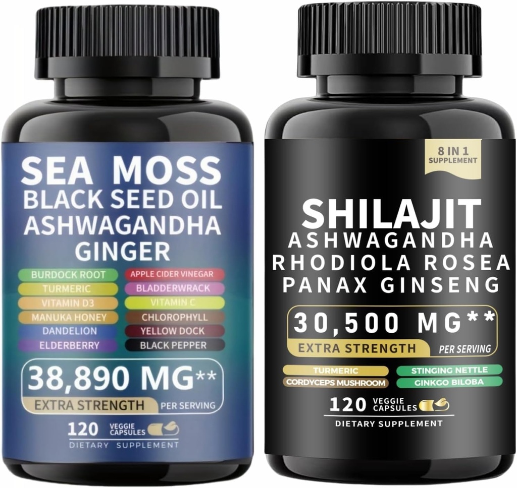 Sea Moss ve shilajit Sea Moss Black Seed Oil Ashwagandha Ginger&shilajit rhodiola rosea panax Ginseng (120 Kont (Pack of 2))