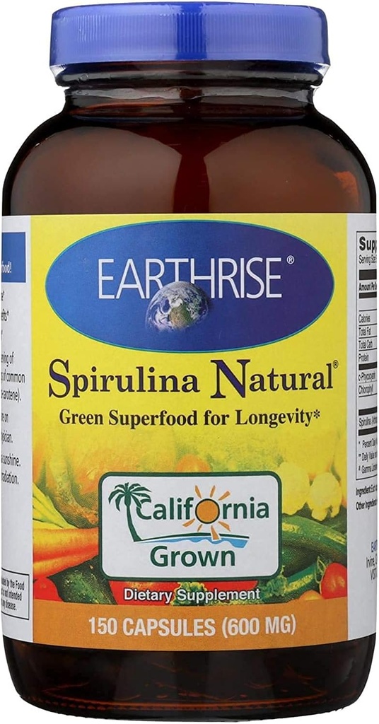 Earthrise Spirulina Natural 600 mg -150 Κάψουλα, Natural Premium Spirulina από την Καλιφόρνια- Vegan, Χωρίς Γλουτένη, Keto Friendly, Non-GMO Super Food υψηλή σε βιταμίνες και μέταλλα.