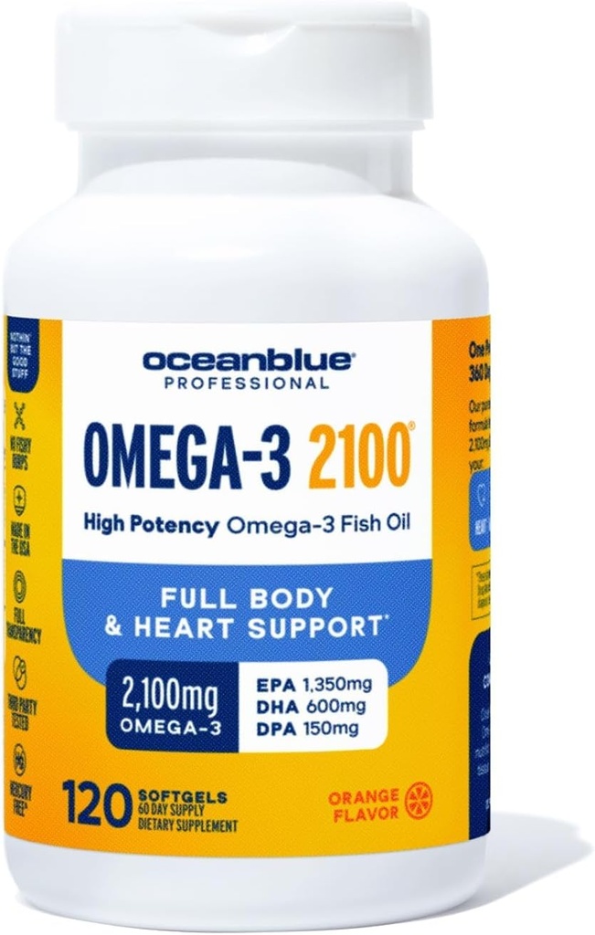 Oceanblue Profesyonel Omega-3 2100-120 ct - Yüksek Lisanslı Triple Strength Burpless Fish Oil with EPA, DHA & DPA - Wild Caught - Orange Flavor, 60 Hizmetler