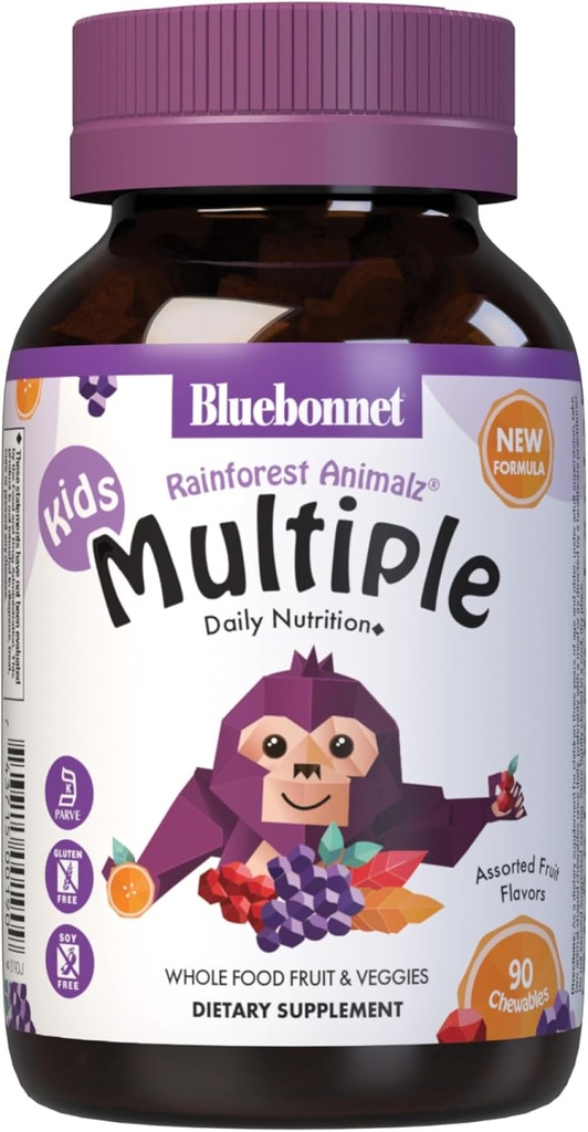 Bluebonnet Beslenme Rainforest Animalz Whole Food Based multiple Chewable Tabletler, Çocuklar Multivitamin & Mineral, C, D3, Iron, Gluten Free, Milk Free, Kosher, 90 Chewable Tabletler, karma Flavors