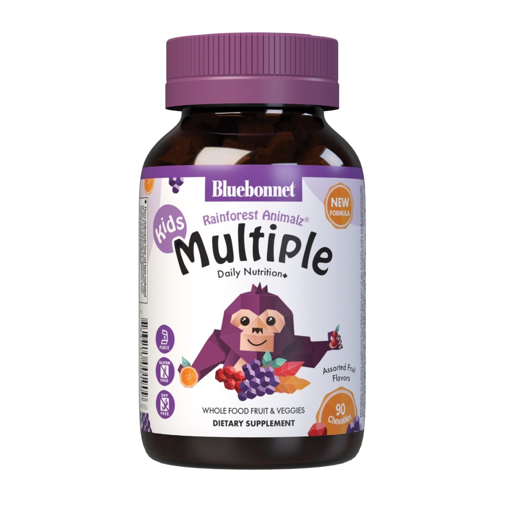 Bluebonnet Nutrition Rainforest Animalz Ολόκληρα τα τρόφιμα με βάση πολλαπλά μασώμενα δισκία, παιδιά πολυβιταμίνη & ορυκτά, βιταμίνη C, D3, σίδηρος, χωρίς γλουτένη, γάλα χωρίς, Kosher, 90 Μασώμενα δισκία, μικτή γεύση