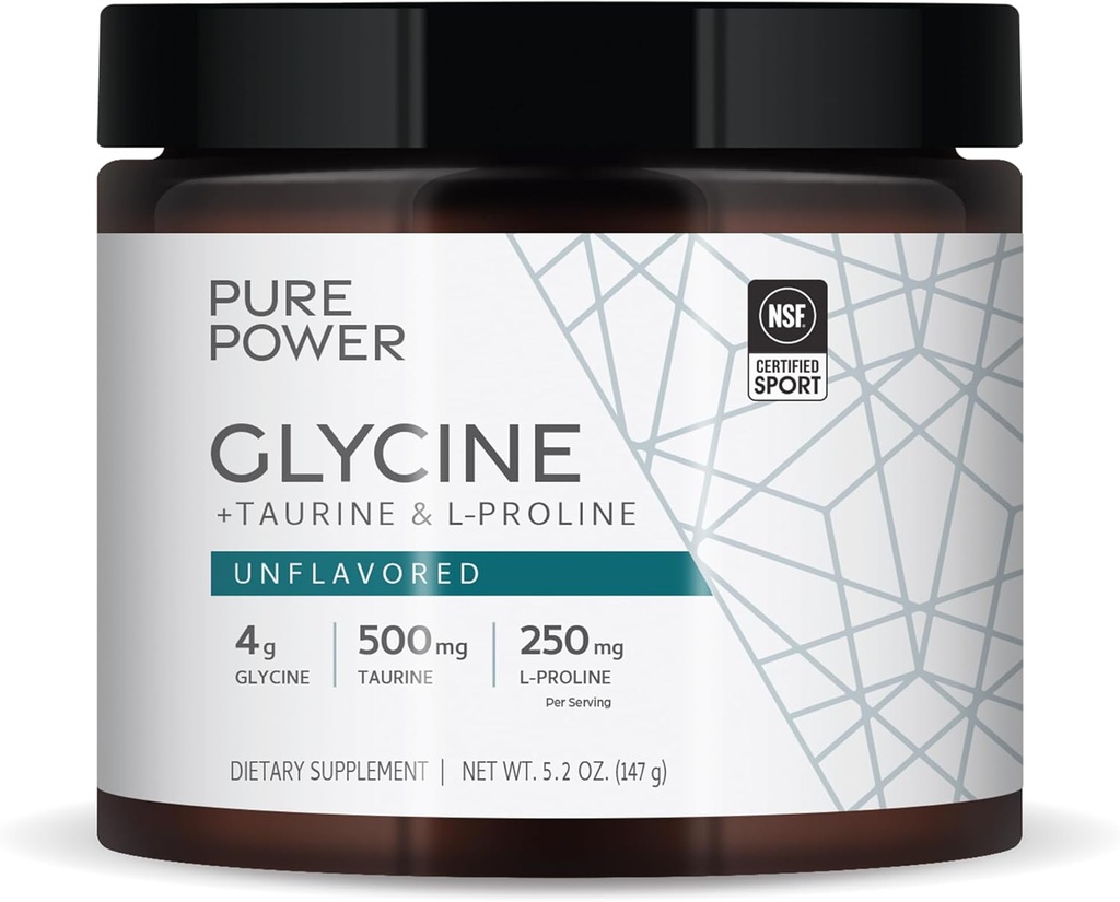 Dr. Mercola Pure Power Glycine + Taurine & L-Proline, Unflaved, 5.2 oz (147 g), 30 Servings (1 Jar), 4 g Glycine, 500 mg Taurine, 250 mg L-Proline, Non-GMO, NSF Certified for Sport