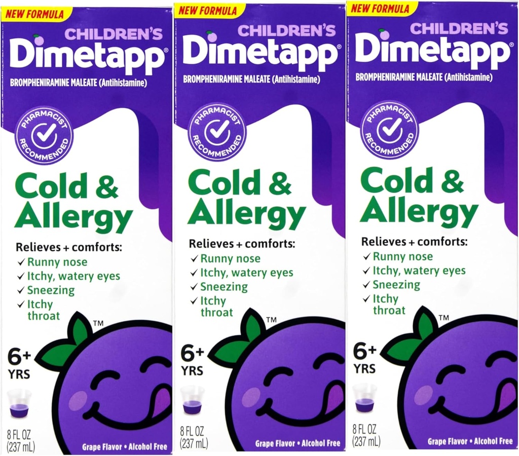 Çocuk Dimetapp® Cold & Anti Allergy Sıvı - Grape Flavor, Alkol Özgür, 8 fl oz - 3 Pack