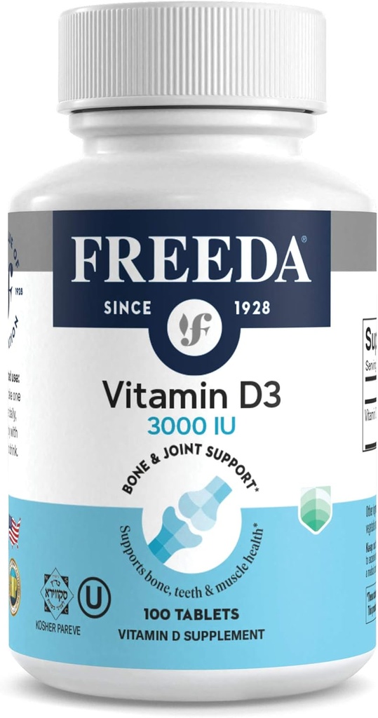 Freeda Vitamin D3-3000 IU - Pure High Potency Kosher Supplement Tablets - Υγεία των οστών και των μυών, Απορρόφηση ασβεστίου, Ανοσολογική Υποστήριξη για Άνδρες και Γυναίκες* - 100 Tiny Tablets
