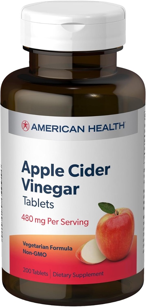 American Health Apple Cider Vinegar - 200 δισκία - 480 mg ανά υπηρεσία - Μη ΓΤΟ, χορτοφάγοι, χωρίς γλουτένη - 100 σερβιέτες