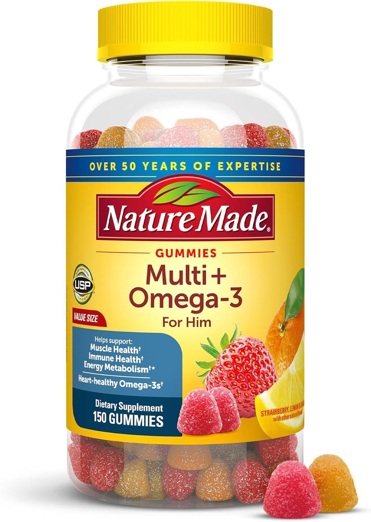 Nature Made Mens Multivitamin Gummies with Omega-3, Mens Gummy Multivitamins for Daily Nutritional Support, 150 Gummy Vitamins and Minerals, 75 Day Supply