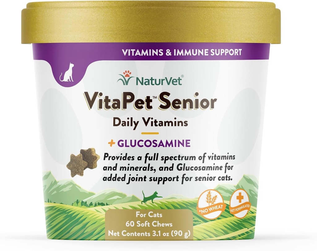 NaturVet VitaPet Senior Daily Vitamins for Cats Plus Glucosamine, özellikle Essential Mineralleri sağlamak için formüle edildi, 90 g, 60 Count