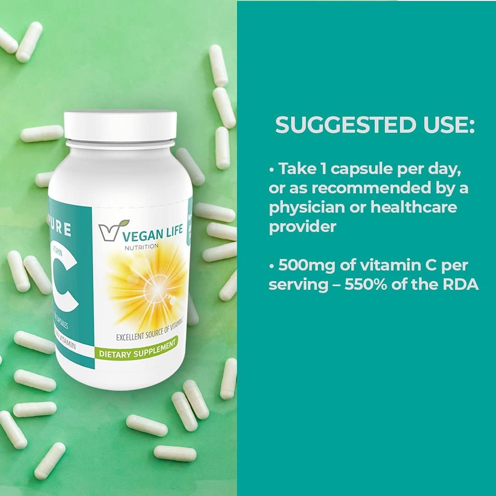 Vegan Life Beslenme - Saf Vitamin C Supplement - Gluten-Free, Non-GMO - Immune Support and White Blood Cell Health - 120 Capsules