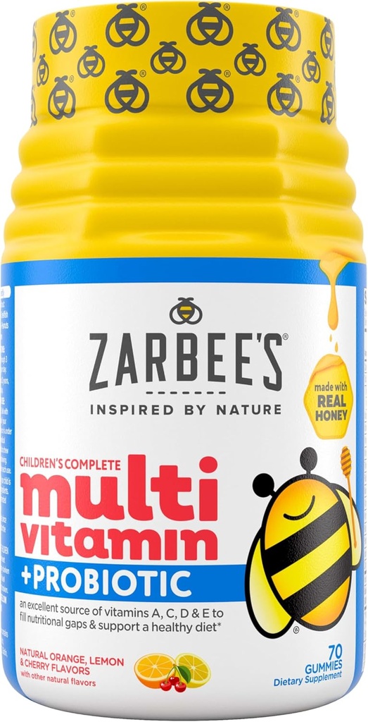 Zarbee's Kid's Complete Multivitamin + Probiyotik Gummies with Vitamins A B C D E & çinko for Digestive Health Easy To Chew Kids Daily Multivitamin Gummies Natural Fruit Count 70
