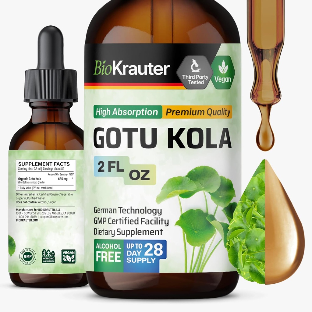 BIO KRAUTER Gotu Kola Tincture - Centella Asiatica Extract - Alkol ve Şeker Free Gotu Kolaksiyon - Vegan Drops 2 Fl.Oz.