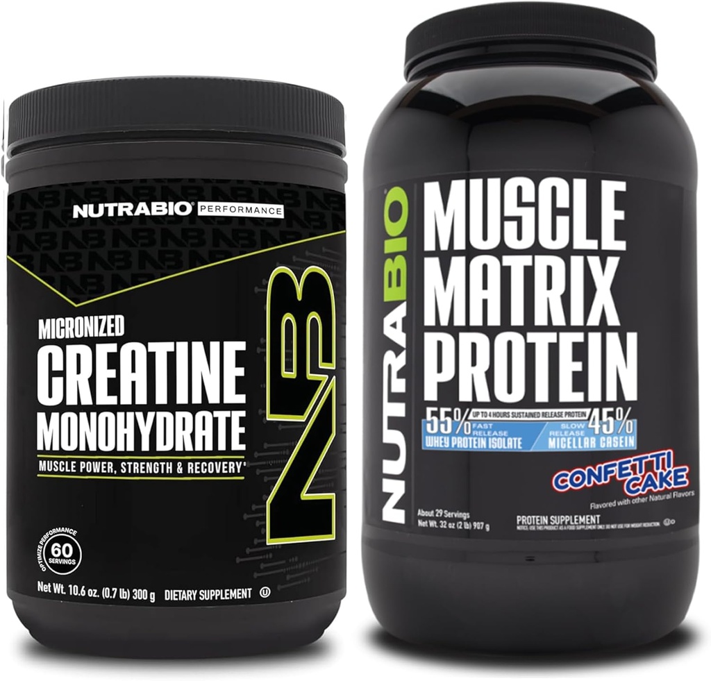NutraBio Kretine Monohidrat, Unflavored, (300 g) ve Kas Matrix Protein Toz, (Confetti Kek) Tamam Sche – Kas Enerji, maksimum Büyüme, Kurtarma ve Güçlü