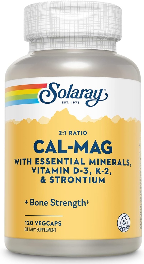 Solaray Cal-Mag with Essential Minerals | Kalsiyum, Magnezyum, Strontium, Vitamins D-3 & K-2 | 30 Serv | 120 VegCaps