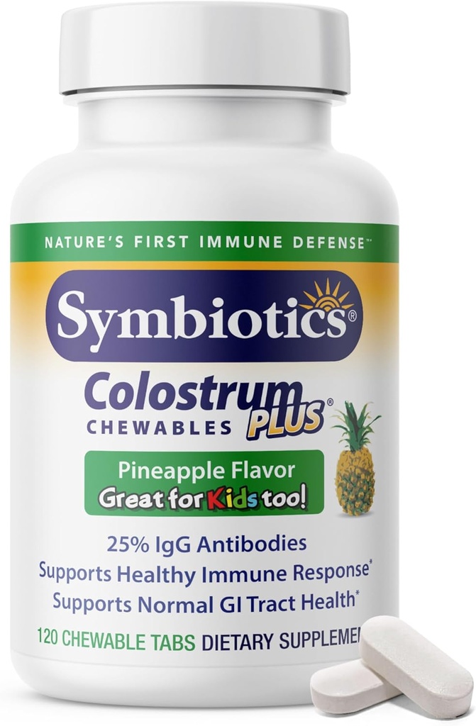 Συμβιοτικά Colostrum 120ct Chewables Plus - Ανοσία Υποστήριξη για Ενηλίκους & Παιδιά - Lactoferrin συμπλήρωμα & Πρωτεΐνες του Κολοσσαίου - Υποστηρίζει Digestion & Gut - 25% lgG Αντισώματα, Χωρίς γλουτένη - Ανανάς
