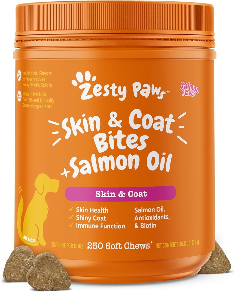 Köpekler için Zesty Paws Salmon Oil, Omega 3 Fish Oil Chews, Dog Antiute Chews, Itch Relief Supplement, 250 Count, Salmon Flavor