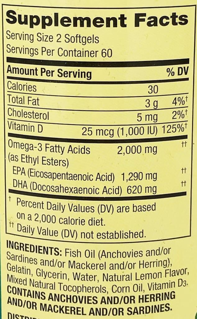 Spring Valley Omega 3 Fish Oil maximum Care 2000mg Lemon 120 Softgels