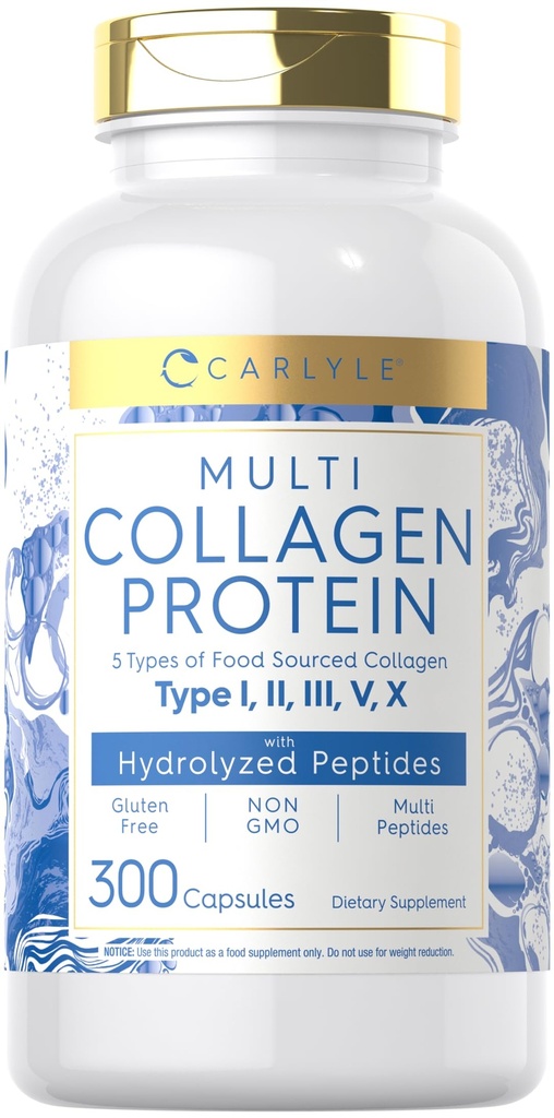 Carlyle Multi Collagen protein Capsules 2000 mg | 300 Kont | Tip I, II, III, V, X | Collagen Peptide Pills | DW & Paleo Friendly, Gluten Free, Non-GMO Supplement