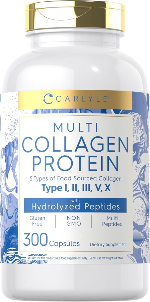 Carlyle Multi Collagen protein Capsules 2000 mg | 300 Kont | Tip I, II, III, V, X | Collagen Peptide Pills | DW & Paleo Friendly, Gluten Free, Non-GMO Supplement