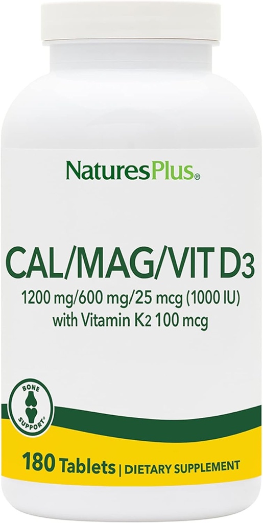 NaturesPlus Ασβέστιο/Μαγνήσιο/Βιταμίνη D3 με βιταμίνη K2 - Υποστηρίζει την υγεία των οστών και του ανοσοποιητικού - χορτοφαγικά, χωρίς γλουτένη - 180 δισκία - 45 εξυπηρετήσεις