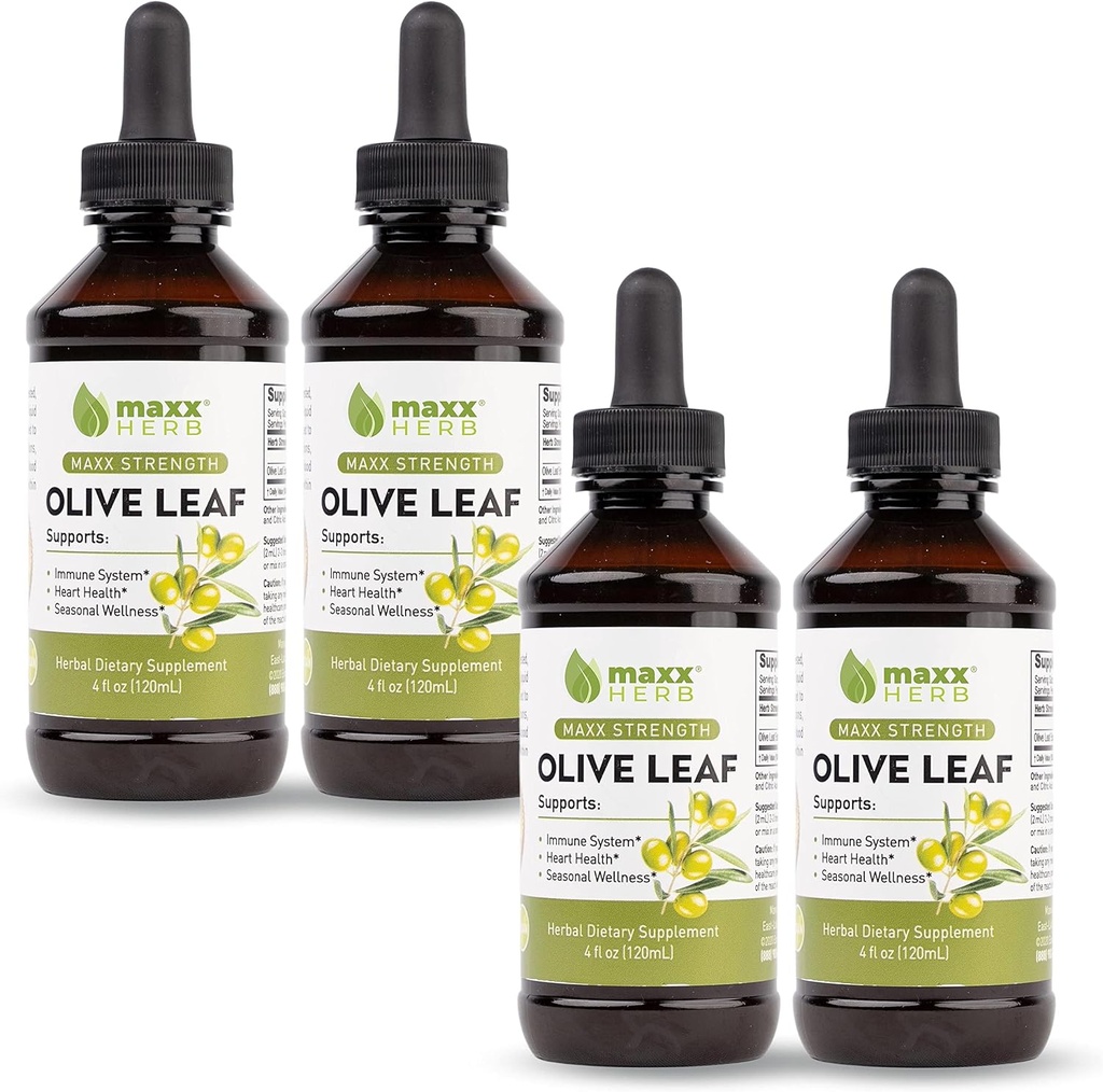 Maxx Herb Olive Leaf Extract – Max Strength Oleuropein Liquid Absorbs Better than Capsules or Tea, for Immune Support, Heart Health, and Seasonal Wellness - 4 Μπουκάλια, 4 Oz Κάθε (240 Servings)