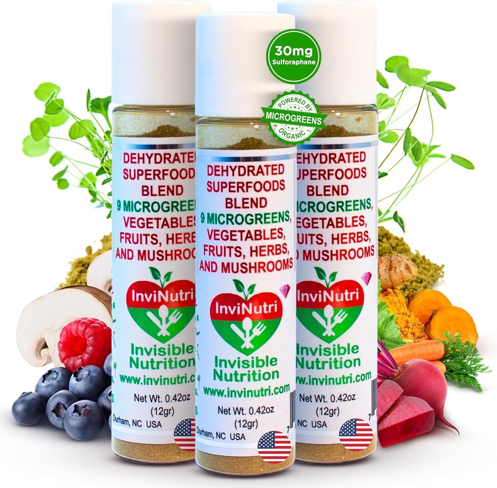 InviNutri Superfood Toz for Picky Eaters – Unflavoured, Sensöry-Friendly – 40x Nutrient-Rich, 30 mg Sulforaphane - Organik Mikrogreens, Meyveler ve Veggies - Çoğu Meals - 72 serv.