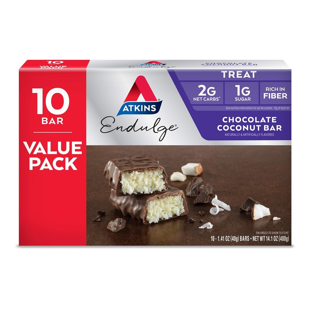 Atkins Endulge Chocolate Coconut Bar, Dessert Favori, Fiber, 1g Sugar, 10 Count