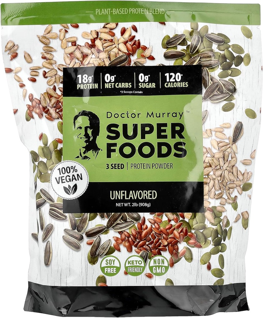 Dr. Murray'in Süper Gıdaları, 3 Tohum Protein Toz, Riley + Flax + Sunflower, Unflavored, 2 lb (908 g)