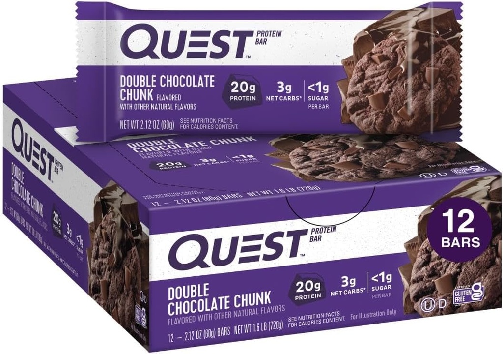 Quest Nutrition Double Chocolate Chunk Protein Bars, 20g Protein Bars, 1g Sugar, 4g Net Carb, Gluten Free, Keto Friendly, 12 Count
