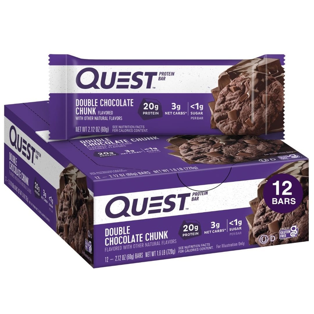 Quest Nutrition Double Chocolate Chunk protein Bars, 20g protein Bars, 1g Sugar, 4g Net Carb, Gluten Free, Keto Friendly, 12 Count