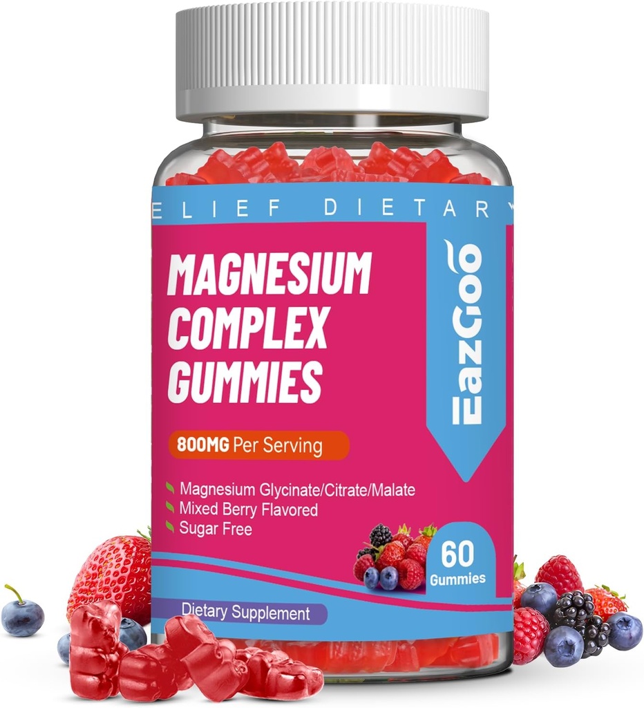 Magnezyum Gummies 800 mg - D3, C, B6, B12 & çinko Kompleksi Magnezyum Glycinate, Citrate & Malate, Magnezyum Gummies for Muscle, Mood & Energy, Vegan 60 Counts