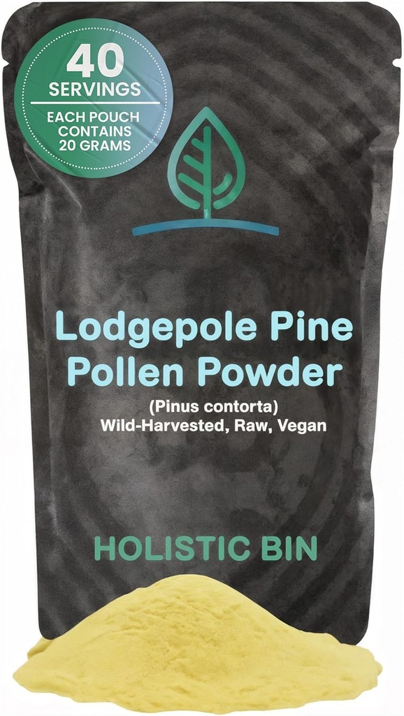 Holistic Bin Organik Pine Pollen Toz İlaç Sınıfı, Wild Harvested, Golden Canadian Pine Pollen | Non GMO, Nomixs | Pure Pollen Supplement Made from The Lodge, 20 g
