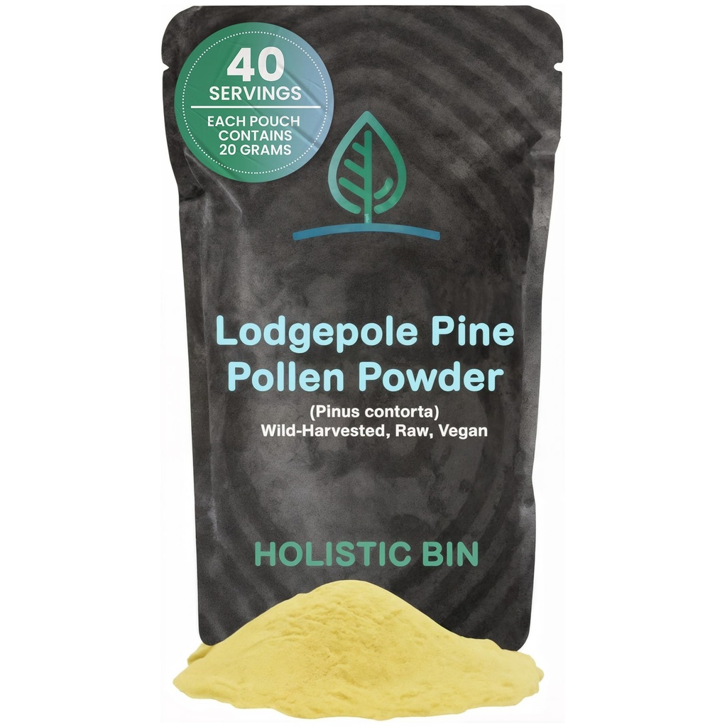 Holistic Bin Organik Pine Pollen Toz İlaç Sınıfı, Wild Harvested, Golden Canadian Pine Pollen | Non GMO, Nomixs | Pure Pollen Supplement Made from The Lodge, 20 g