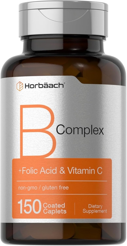 Horbaach B Kompleks Vitaminleri Kadınlar ve Erkekler için | 150 Caplets | Folic Acid & C | Non-GMO & Gluten Free Supplement Supplement Supplement